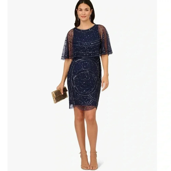 NWT Adrianna Papell Sparkle Beaded Mesh Popover Dress Cocktail Evening Navy Sz 4 - Picture 2 of 11